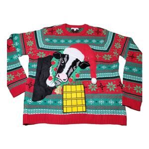Celebrate Together Women’s XXL Ugly Christmas Sweater Red Green Cow Fair Isle